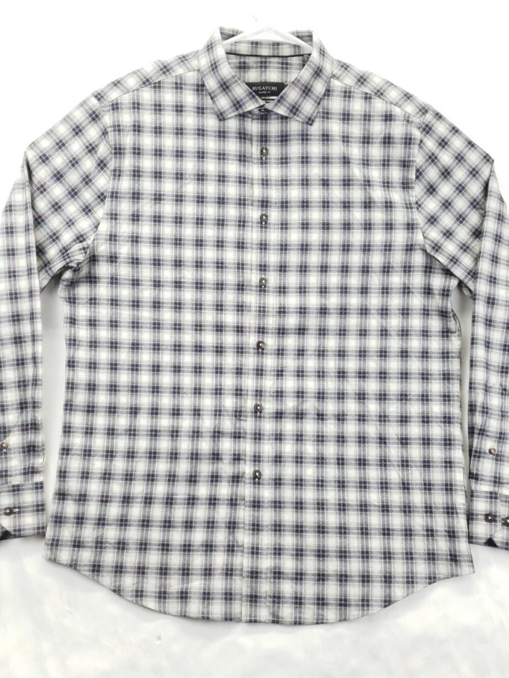 Bugatchi Shirt Mens Large Blue White Plaid Shaped Fit Super Fine Cotton Khaki